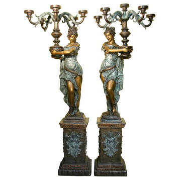 Pair Of 80" Lamps With Maidens On Pedestals Bronze Sculpture