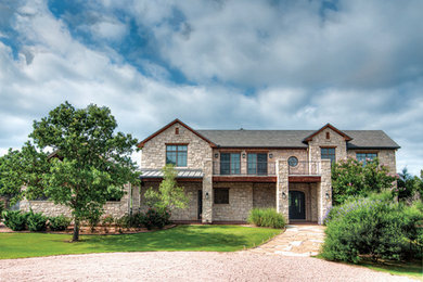 Large contemporary two-storey grey exterior in Dallas with stone veneer.