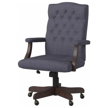 Classic Office Chair, Driftwood Wooden Frame With Button Tufted Seat, Champagne, Gray