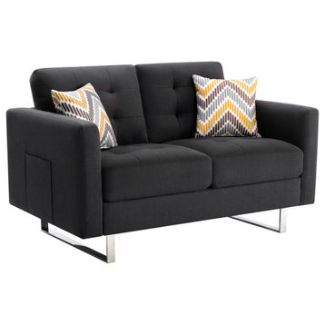 Victoria Dark Gray Linen Loveseat With Metal Legs, Side Pockets and Pillows
