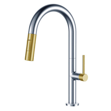 Fine Fixtures Pull Down Single Handle Kitchen Faucet, Polished Chrome/Satin Bras