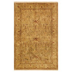 Bareens Designer Rugs - Antique Vegetable Dyed William Tan/Beige Wool Rug - 4'2'' x 6'2'' - Designed with mesmerizing intricacy and gorgeous color palette, this hand-knotted masterpiece demonstrates the beauty and electrifying thrill of Pak Persian art. These meticulously hand-knotted Pak-Persian rug is made with pure wool and features breathtaking traditional, transitional, and tribal designs in bold luxurious color pallets. Known for their intricate designs these rugs are a reproduction of Persian rugs, made in Pakistan with unique Mughal designs. Made by master weavers using the same Persian texture, design and dying technique, we wanted to produce the most significant manifestation of Persian art, life, and culture. This rug is most famous for its exceptional quality, incredible designs, patterns, and vibrant rich color. Pak-Persian rugs made with Persian weave with high knot counts, which enables the high intricacy and detail found in the patterns are also referred to as "State of art", each color adds a rich beautiful detail in the artwork of this rug. The design, color, and beautiful chromatic composition with a vibrant sheen with intricate designs, exude beauty, elegance, and quality make this rug a masterpiece of its own.