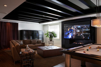 Large transitional enclosed home theatre in Chicago with white walls, ceramic floors and a projector screen.