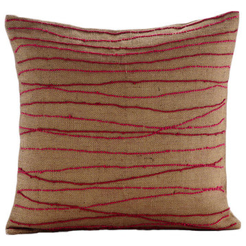 Red Jute Embroidered 16"x16" Burlap Lurex Red Decorative Pillow Cover, Ambrosia
