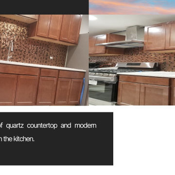 New quartz counter-top and modern back-splash in the kitchen.