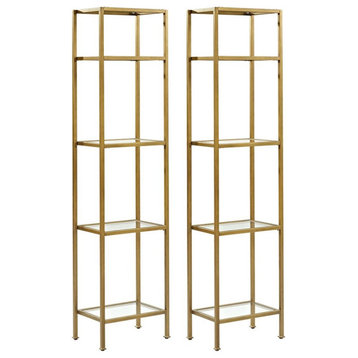 Bowery Hill 4-Shelf Metal/Glass Etagere Bookcase in Soft Gold/Clear (Set of 2)