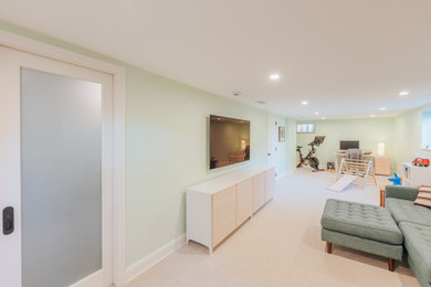 Large look-out carpeted and beige floor basement photo in Portland with green walls and no fireplace