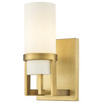 Innovations Lighting - Utopia 1 Light 8" Wall-mounted Sconce, Brushed Brass, Matte White Glass - Modern and geometric design elements give the Utopia Collection a striking presence. This gorgeous fixture features a sharply squared off frame, softened by a round glass holder that secures a cylindrical glass shade.