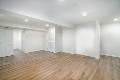 Example of a large walk-out vinyl floor and multicolored floor basement design in DC Metro with white walls