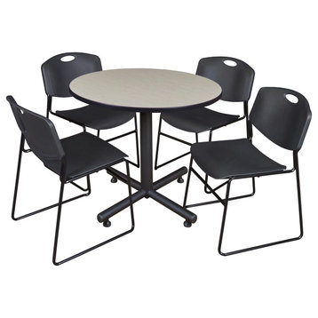 Kobe 36" Round Breakroom Table- Maple & 4 Zeng Stack Chairs- Black