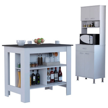 Newark 2 Piece Kitchen Set, Kitchen Island & Pantry Cabinet, White/Onyx