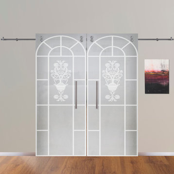 Double Sliding Glass Barn Door Design V2000 , Full-Private, 2x 34"x84"