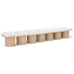 Meridian Furniture - Pavilion Black Boucle Fabric Bench, Cream, Natural Finish, 108.5" W X 18" D X 17.5" H - Bring valuable seating and remarkable style to your space with this cream Pavilion boucle fabric bench, an exquisite balance of style and usability for the entryway, bedroom, and beyond. Crafted from oak veneer with a natural finish, this bench has a 4-inch-thick seat cushion that's channel-tufted for a touch of luxury. The bench's columnar bases add a dash of art deco design, making it a captivating focal point in any room.