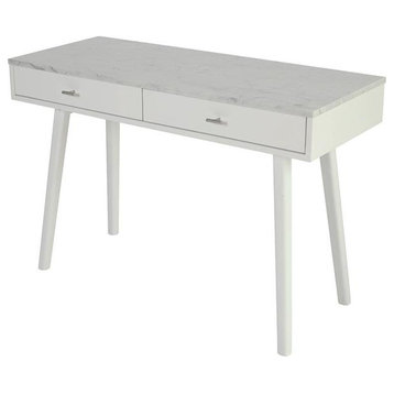Viola 44" Rectangular Italian Carrara White Marble Writing Desk with White Legs