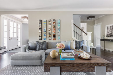 Family room - mid-sized laminate floor and brown floor family room idea in San Francisco with beige walls