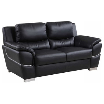 Elegant Loveseat, Faux Leather Upholstery With Chrome Accents, Midnight Black