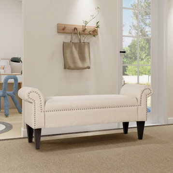 Kathy Roll Arm Entryway Accent Bench, Sky Neutral Beige Polyester