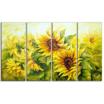"Bright Yellow Sunny Sunflowers Floral" Painting Canvas Print, 4 Panels, 48"x28"