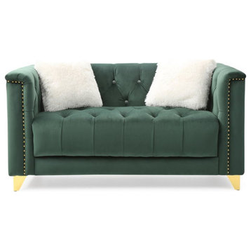 Russell Tufted Upholstery Loveseat Finished in Velvet Fabric in Green