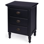 Butler - Easterbrook 3-Drawer Nightstand - This gracious black nightstand is proof positive that good things come in small packages. Featuring three fully-extendable drawers with antique brass finished hardware, it is crafted from Mahogany wood and Mahogany wood veneer laid over an engineered wood substrate. Perfect next to the bed, it also makes a lovely companion chairside companion or an accent chest in the entryway.