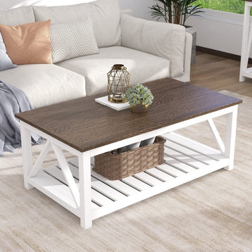 Farmhouse Coffee Table, Rustic Vintage Living Room Table with Shelf, White