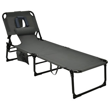 Goplus Outdoor Beach Lounge Chair Folding Chaise Lounge with Pillow Grey
