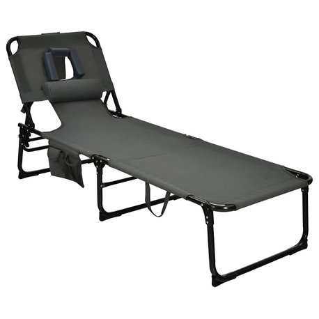 Goplus Outdoor Beach Lounge Chair Folding Chaise Lounge with Pillow Grey