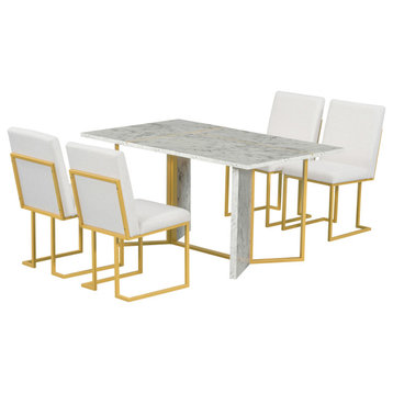 7-Piece Modern Dining Table Set，Marble Sticker Tabletop and 6 Linen Chair
