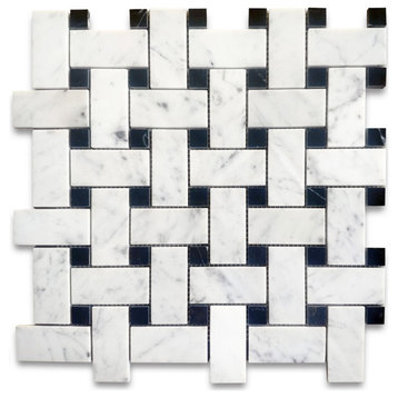 Carrara White Marble Basketweave Mosaic Tile Nero Black dots Polished, 1 sheet