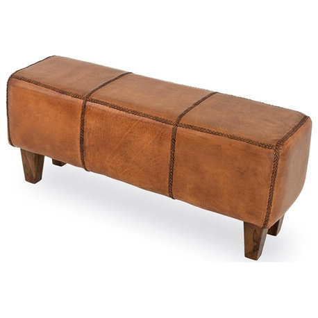 Pemberly Row Mid-Century Modern Genuine Leather Upholstered Bench in Tan