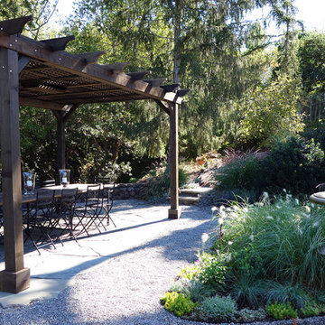 A Traditional Landscape Loses the Lawn & Overgrown Shrubs To Low-Water Plants