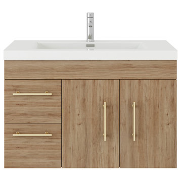 Rosa 36" Wall Mounted Vanity with Reinforced Acrylic Sink (Left Side Drawers), Natural Oak