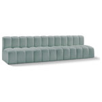 Meridian Furniture - Arc Vegan Leather Upholstered 4-Pc. Modular Sofa, Green - Unleash modern opulence with the Arc Vegan Leather 4pc. Sectional. Crafted for the modern connoisseur, this Sectional injects an air of refined luxury into any space. Its sleek silhouette, upholstered in supple mint green vegan leather, exudes timeless sophistication while the deep channel tufting adds textural intrigue, further elevating the chair's visual appeal. The modular design makes it a versatile chameleon, effortlessly adapting to your evolving needs and preferences. Whether you envision it gracing a chic living room corner, basking in the glow of a bedroom window, or adding a touch of drama to a home office, the Arc seamlessly complements your unique interior aesthetic.