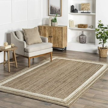 Farmhouse Area Rug, Natural Jute With Boundary Pattern, White, 6' X 9'