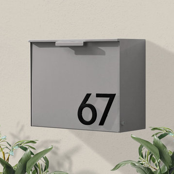 Cubby Wall Mounted Mailbox + House Numbers, Lock Included, Outgoing Flag, Gray, Black Font