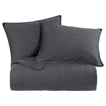Stonewashed Cotton Canvas Coverlet Set, 3 Piece, Charcoal, King