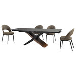 Armen Living - Milena Lucia 5 Piece Extendable Dining Set With Brown Fabric Chairs - Enjoy an intimate meal or host a dinner party with the Milena Lucia 5 Piece Extendable Dining Set with Fabric Chairs. This set includes 1 Milena extendable dining table and 4 Lucia swivel dining chairs. Beautifully minimalistic, our dining chair stands out with a refined and striking silhouette. A sleek cut-out and slender black metallic legs complete the modern and sophisticated appeal of the kitchen chair. It's ergonomically sculpted back delivers exceptional comfort, supporting you in just the right places. The back and seat are both generously padded to bring a dose of comfort to your formal and casual meals. Our dining room chair can also serve as a comfy seat in your home office or provide a comfortable spot to relax in your living room. The dining table chair also includes a 180 - degree swivel function allowing you to change directions and follow conversations with ultimate ease. It is upholstered in performance fabric for easy care and maintenance. With clean lines and dramatic construction, our long dining table serves as a stunning focal point. Its linear, rectangular tabletop is crafted from sintered shadow stone for a versatile and sophisticated appeal. A durable yet elegant alternative to quartz, this tabletop is resistant to etching, scratches, burns, and stains. It is perched upon a cross-shaped base to capture the eye. The chunky wooden leg is covered in walnut veneer, creating a visual contrast with the airy black wooden frame. Our chic and stylish dining table can easily extend to comfortably seat up to six to eight individuals. Serving as the perfect fit for your casual meals and garnished dinners, the table remains a stunning complement to your dining room or living space. It supports durable construction and easy-to-care materials to serve as a long-lasting addition to your home or apartment. The Milena Lucia dining set is available in 5 and 7 piece set configurations and features a shadow stone, walnut, and black wood veneer table and your choice of gray or brown upholstered swivel dining chairs.