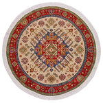 Bareens Designer Rugs - Bohemian Kazak Snider Ivory/Red Wool Round - 6'5'' x 6'6'' - Embellish your home with this exquisitely hand-knotted Super Kazak Rug made with the finest hand spun wool and all vegetable dyes. Demonstrating incredible attention to detail, this hand-knotted masterpiece features an intricate Super Kazak pattern in a classic color palette. Made in the Caucasian designs from Russia and the northern Persian empire, each Super Kazak incorporates distinctive tribal flavor with elements such as the stepped hooted polygons, geometrical medallions, animals and rosettes. The straight, clean lines and bold tones embody the weaving style of the Armenian and Afghani weavers known for these iconic designs. This magnificent rug featuring soft luscious pile and is made with handspun wool and natural dyes to produces soft luminous shades causing a beautiful sheen. With geometric designs and bold vibrant saturated colors predominately blues, reds, greens, and gold make a bold statement in any decor. The construction technique used ensures that the designs and colors Ae capable to withstand heavy traffic area.