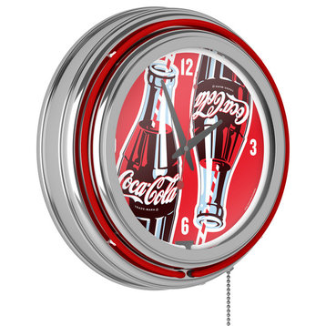 Neon Clock - Retro Coca-Cola Twin Bottles w/ Straw Bottle Art Analog Wall Clock