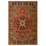 Bareens Designer Rugs - Tribal Heriz Ziegler Catherin Rust Blue Hand-Knotted Rug - 4'2'' x 5'9'' - Enhance the ambiance of your home with this magnificent Persian-influenced Turkish hand-knotted rug made by skilled artisans capable of creating the most exceptional vegetable dyes and hand-spun wool. This exquisite handmade rug is a one-of-a-kind Peshawar Kafkaz, otherwise identified as Chobi, Chobi Peshawar, Oushak, or Ziegler rug. These handmade rugs are crafted in Pakistan utilizing superior-quality wool imported from Australia, New Zealand, and Korea in two types of weaves: the Persian weave and the Mori weave. This rug is meticulously crafted by hand using the finest natural vegetable dyes extracted from local plants. The artisans use a blend of hand-spun local and fine merino wool, resulting in a rug with a compelling texture, higher lanolin content, and longer staple. The artisans occasionally incorporate natural or artificial silk into the pile to enhance specific motifs. The finished product is an awe-inspiring execution of flawless design and an understated palette that exudes elegance.
