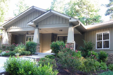 Large arts and crafts gray one-story wood gable roof photo in Atlanta