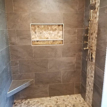 Bathroom Renovation- Tub to Shower Conversion- Stone Waterfall Inlay
