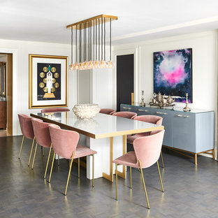 トロントの中サイズのコンテンポラリースタイルのLDKの画像 (白い壁、クッションフロア、暖炉なし、黒い床)