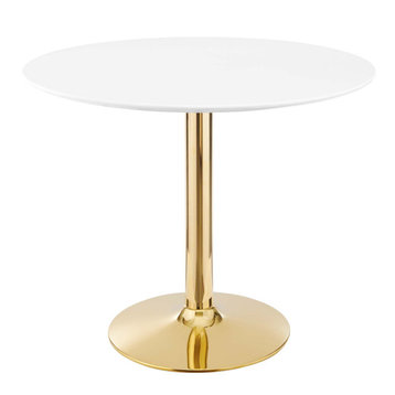 35" Dining Table, Round, White Gold, Metal, Modern Cafe Bistro Hospitality