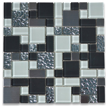 Glass Mosaic Tile Gray White Electroplate Stainless Steel Paragon, 1 sheet