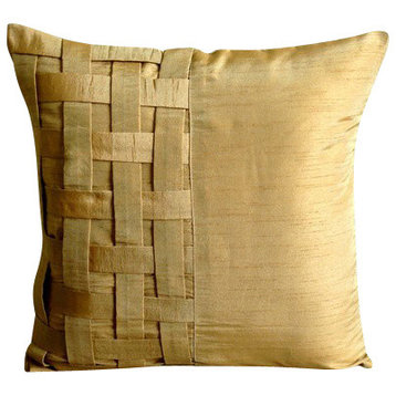 Basket Weave 18"x18" Art Silk Gold Decorative Pillow Cover, Gold Brown Bricks