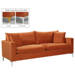 Meridian Furniture - Naomi Velvet Upholstered Sofa, Cognac - Curl up with a good book from the welcoming confines of this Naomi Cognac Velvet Sofa. The color of this sofa adds a bold touch to your decor and shakes up otherwise neutral color schemes. Plush velvet material feels cozy and comfortable against your skin, while deep seat cushions provide lots of room for you to stretch your legs. This sofa comes with both gold and chrome legs, so you can customize its look to meet your decor plans. Pillows are included for added homey warmth and comfort.