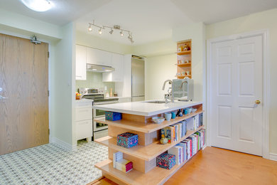Inspiration for a small contemporary galley cement tile floor and multicolored floor eat-in kitchen remodel in Toronto with an undermount sink, flat-panel cabinets, white cabinets, quartzite countertops, green backsplash, glass tile backsplash, stainless steel appliances, a peninsula and white countertops