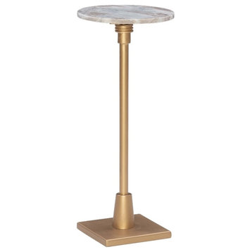 Linon Gavin 10.5" Round Adjustable Sandy Marble Drink Table in Gold Iron