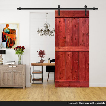 Stained Solid Pine Wood Sliding Barn Door, Cherry Red, 30"x84", Mid-Bar